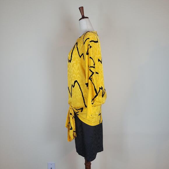 VTG Lillie Rubin Dress 4 Yellow Black Silk Drop Waist Blouson Zigzag Print 80s - Picture 4 of 9